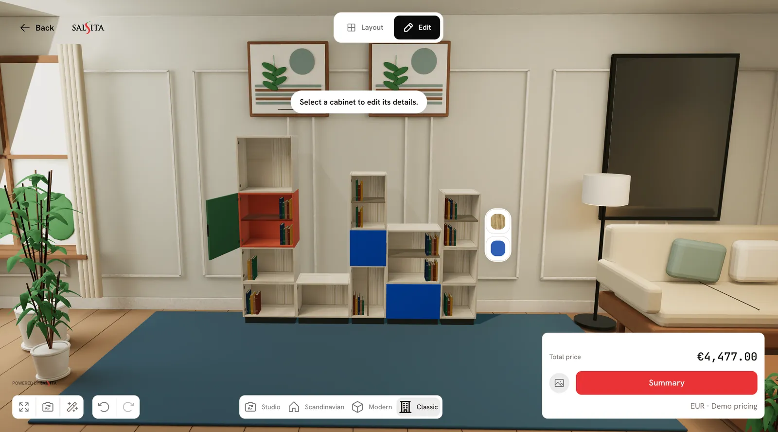 A cabinet configurator showing an open door and material controls.