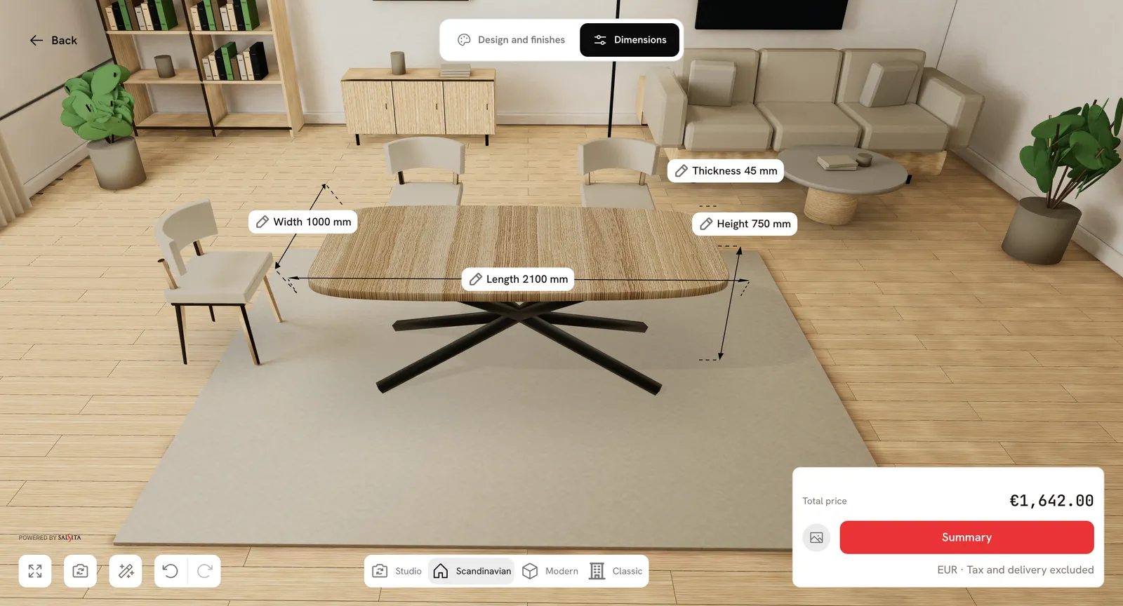 The table configurator with dimension controls in another environment.