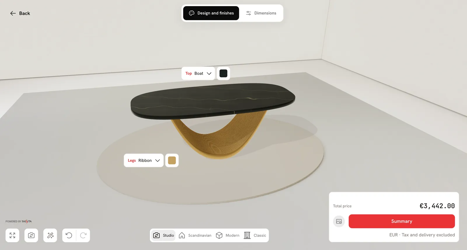 A black-and-gold table in the 3D configurator’s studio environment.